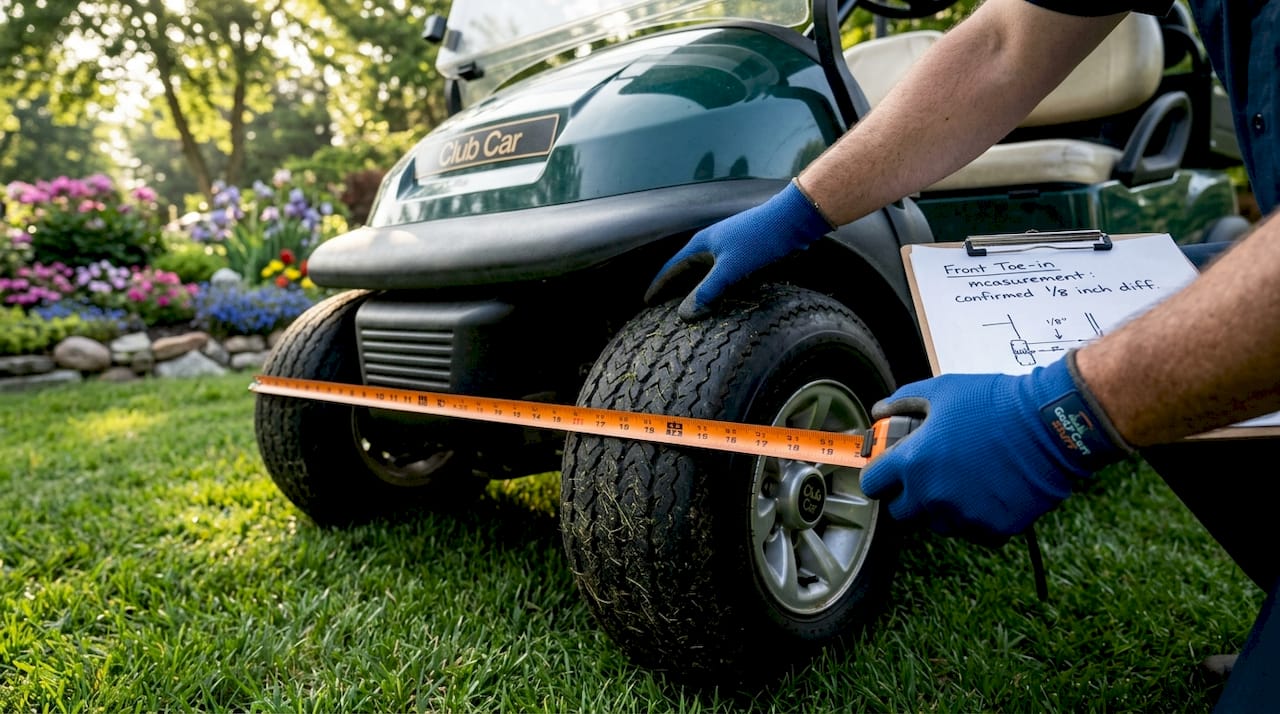 Measuring front tire toe-in on golf cart