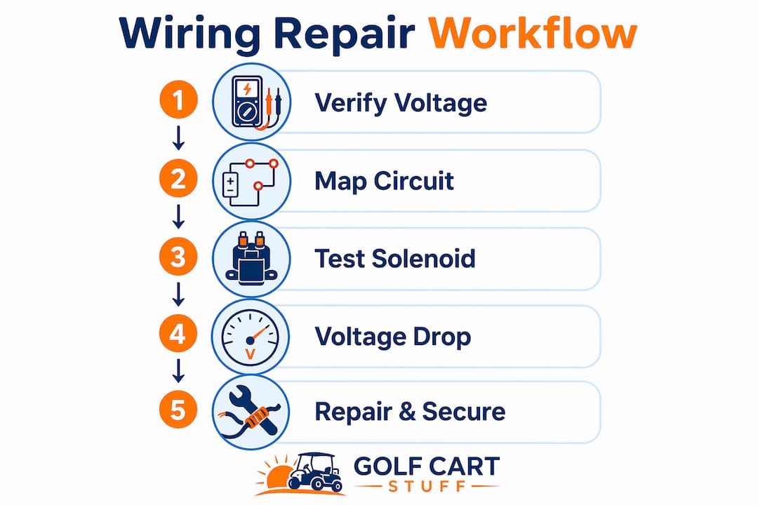 Infographic illustrating golf cart wiring repair steps