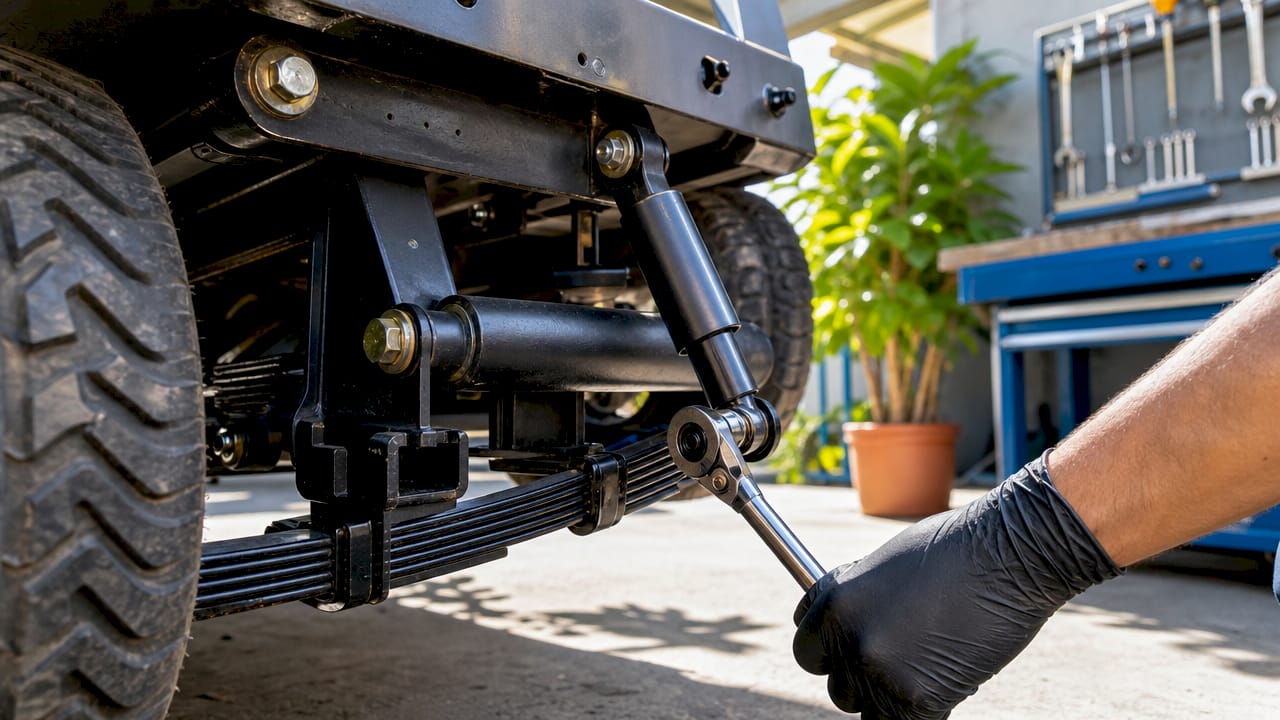 Close-up of golf cart suspension parts being adjusted