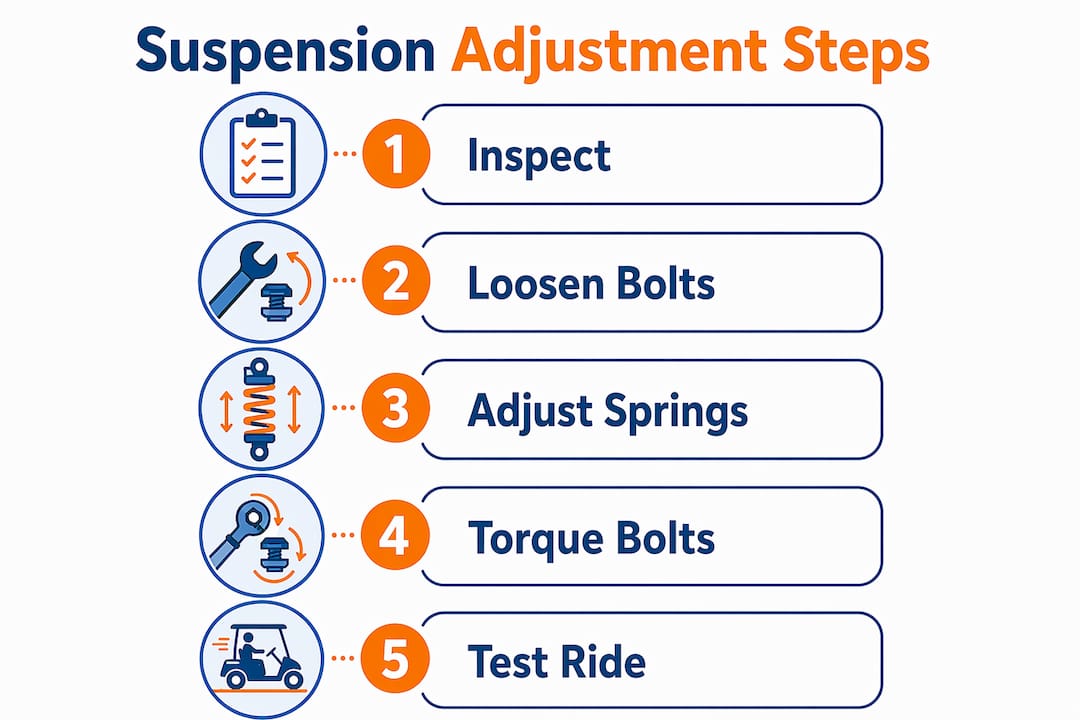 Infographic showing golf cart suspension adjustment steps