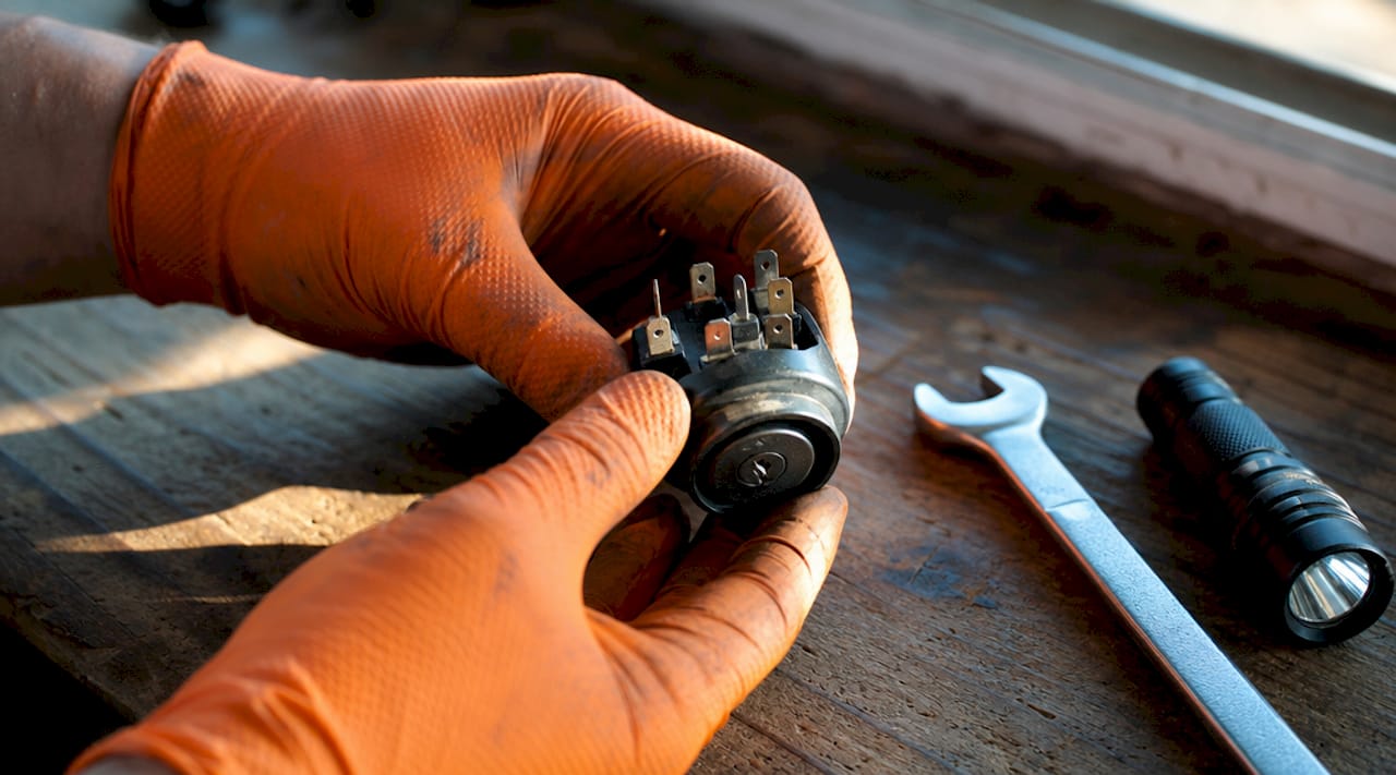 Technician holding golf cart ignition switch close-up