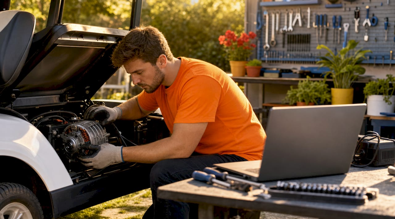 Hands adjusting golf cart motor torque wrench