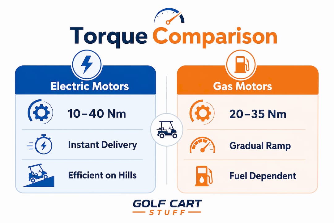 Infographic comparing electric and gas golf cart torque specs