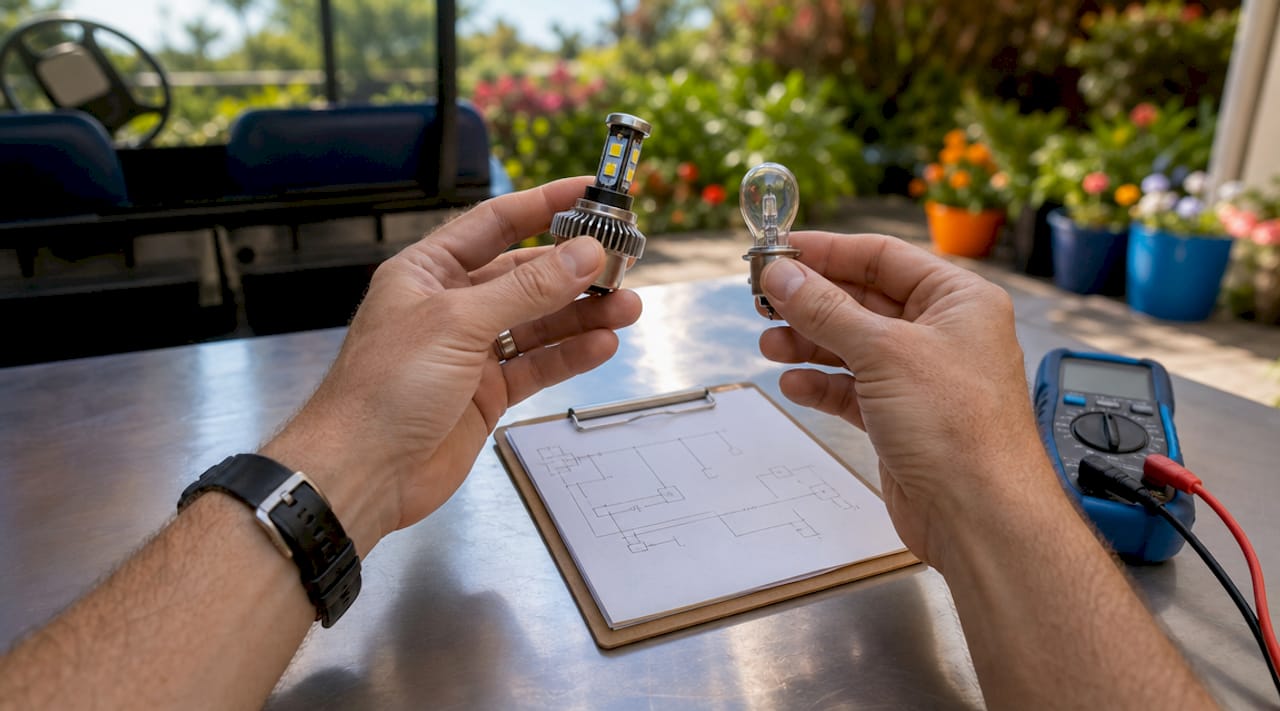 Hands comparing LED and halogen golf cart bulbs