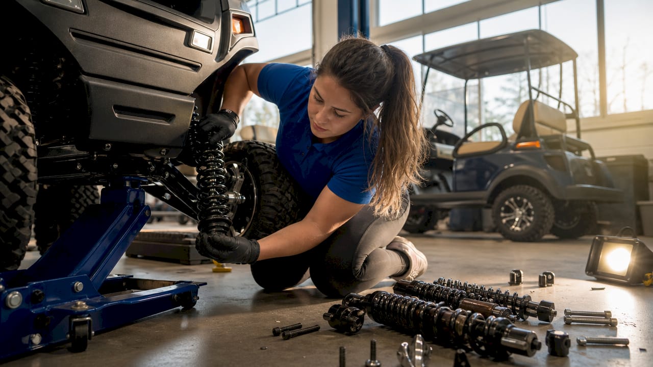 Technician installing golf cart suspension lift kit