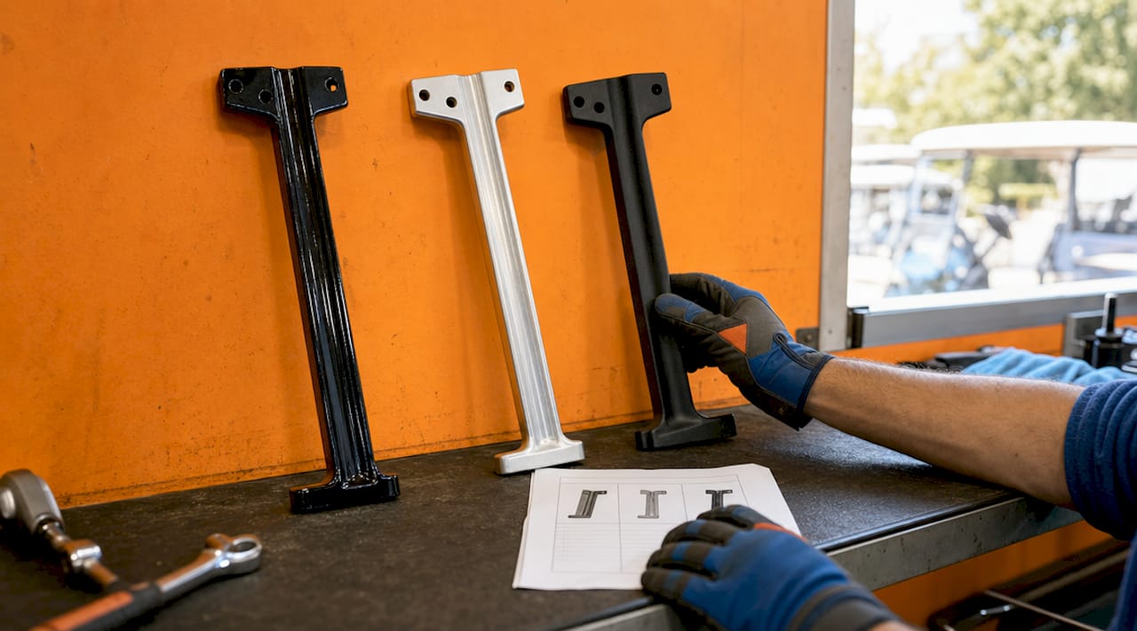 Close-up of different golf cart roof support materials