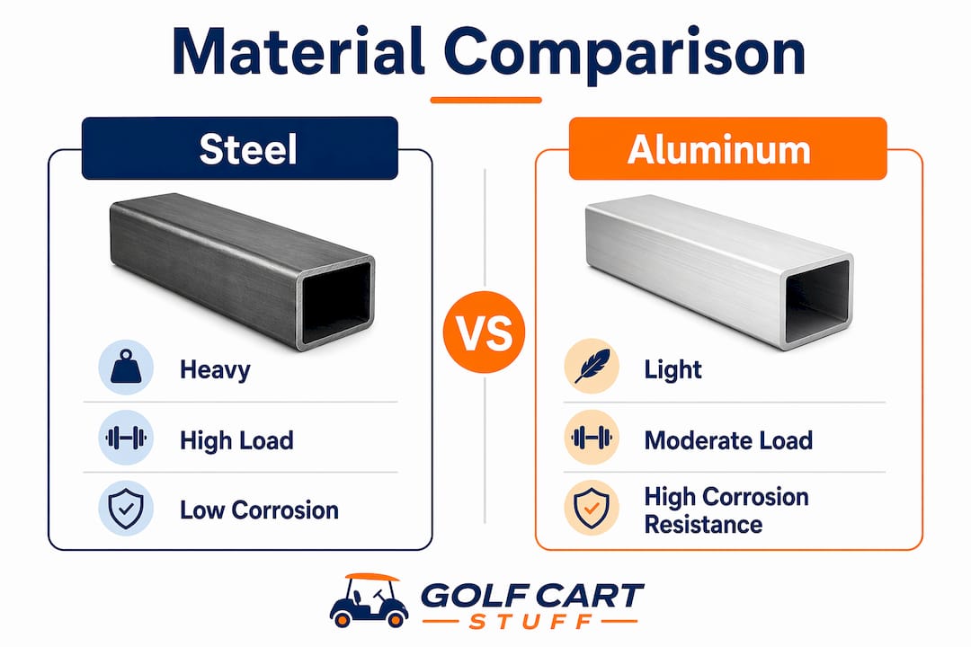 Infographic comparing steel and aluminum golf cart roof supports