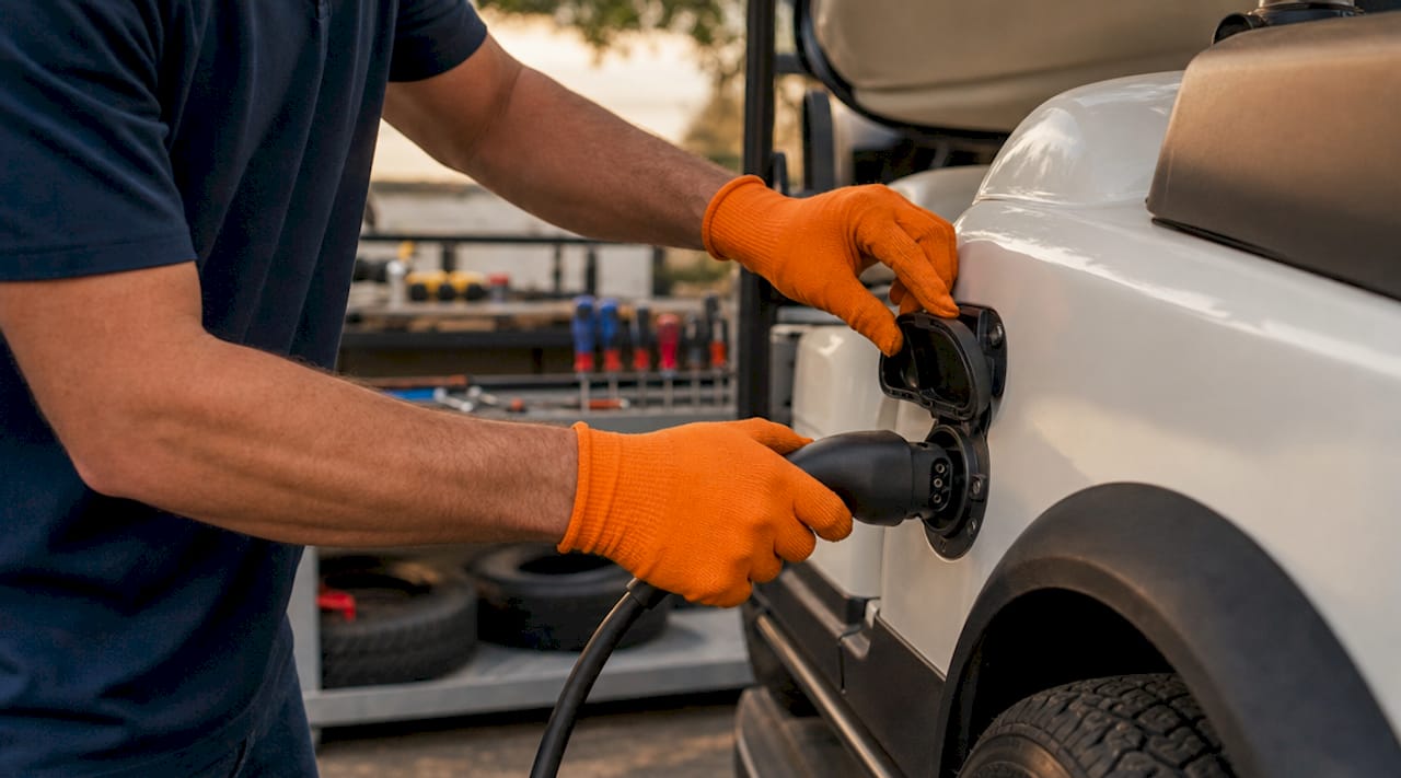 Hands connecting charger plug to golf cart port