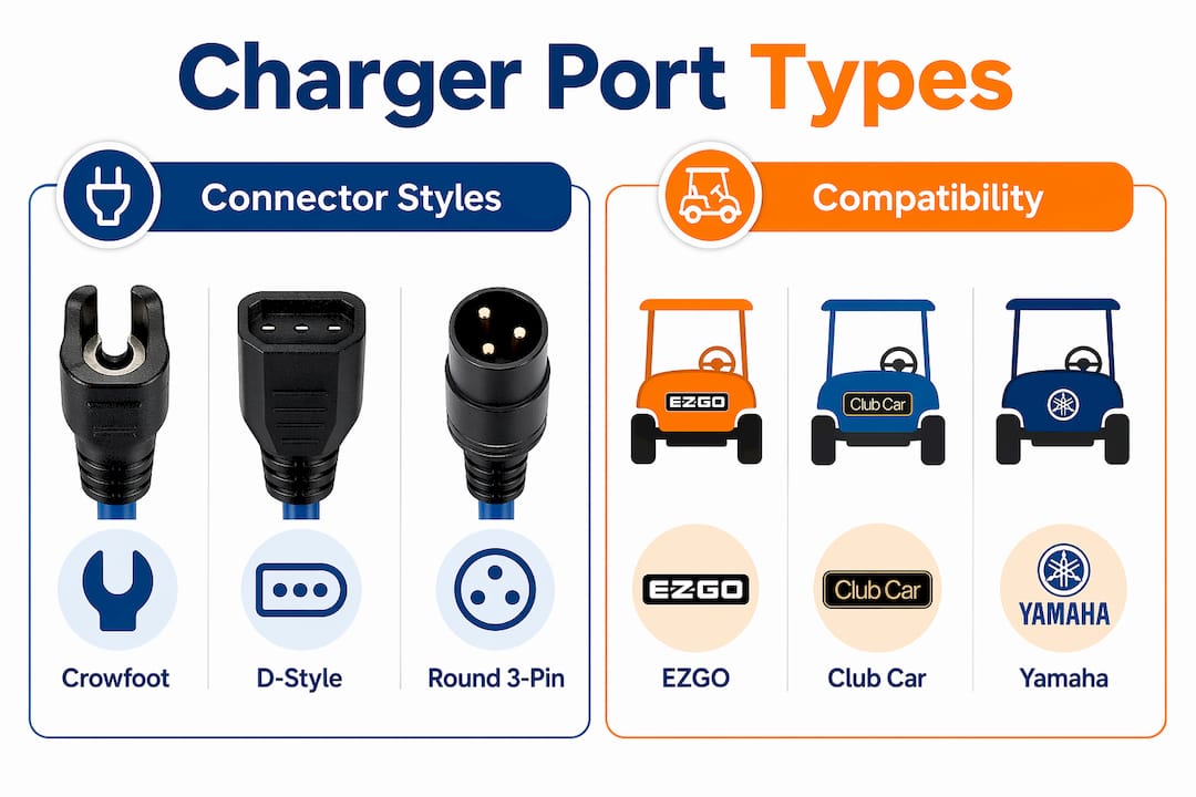 Infographic of golf cart charger port connector types