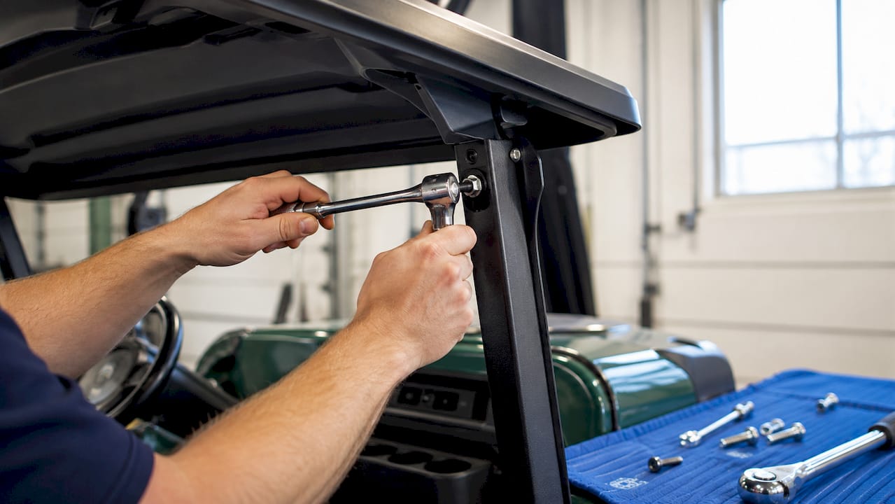 Close-up hands tightening golf cart canopy bolt