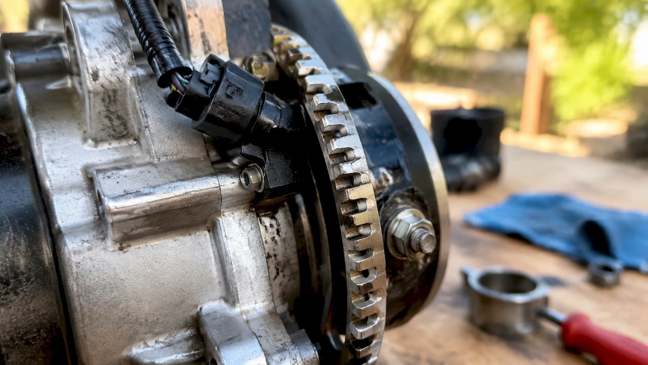 Close-up of golf cart speed sensor and tone ring