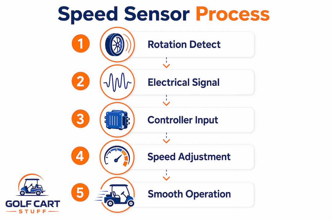 Infographic showing golf cart speed sensor process steps