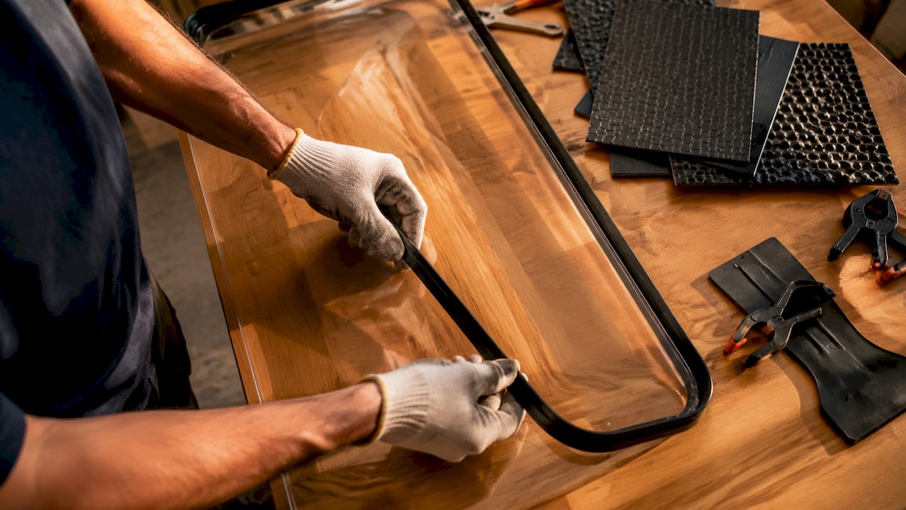 Hands fitting EPDM gasket on golf cart windshield