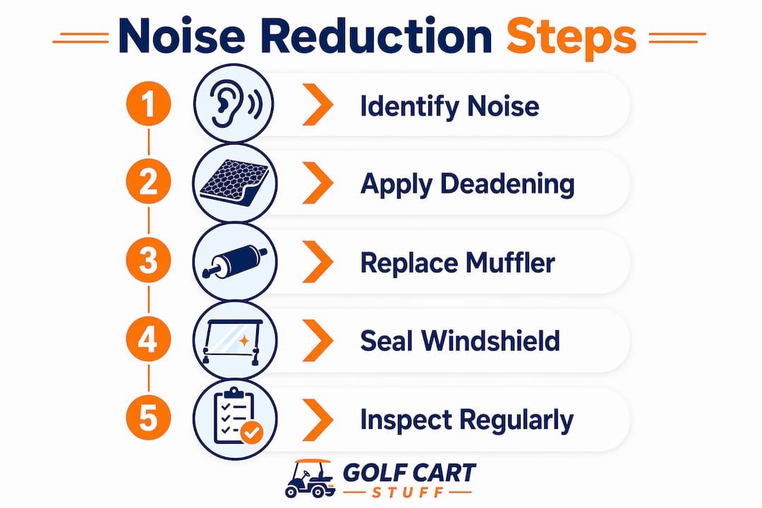Infographic showing golf cart noise reduction steps