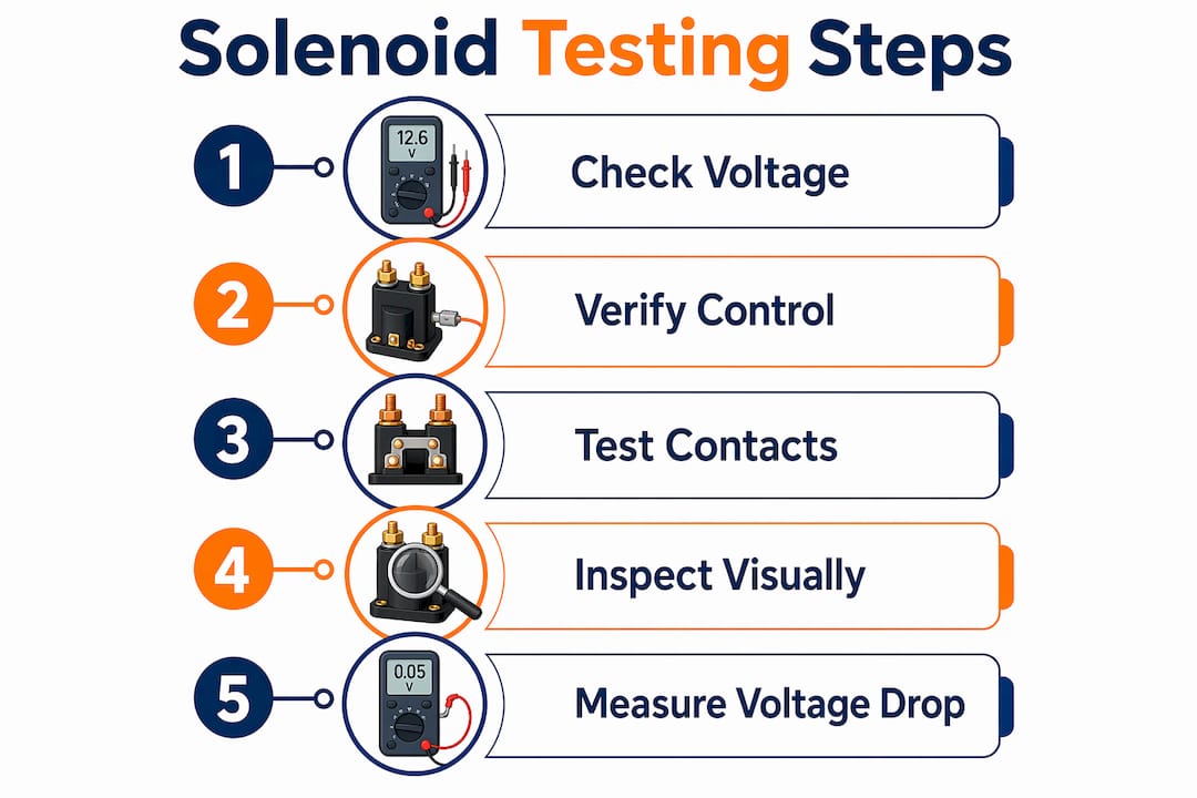 Infographic outlining golf cart solenoid testing steps