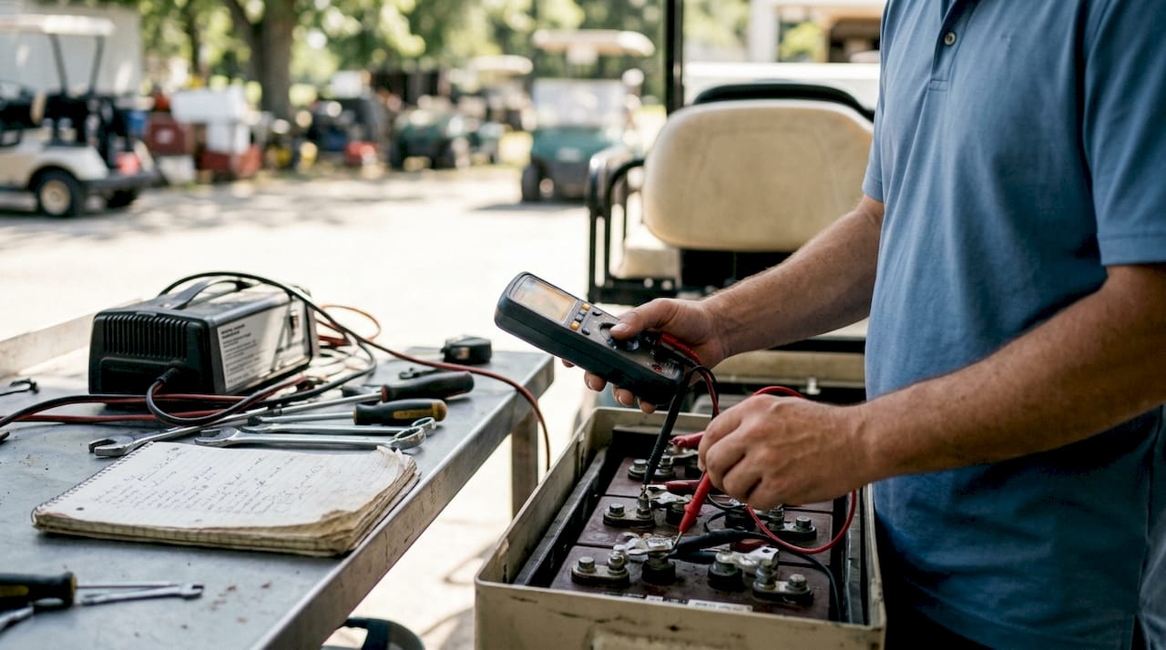 Hands checking golf cart battery voltage