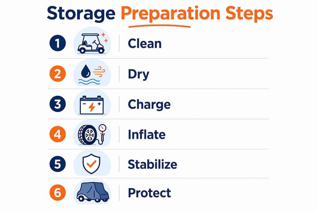 Infographic of golf cart storage preparation workflow steps
