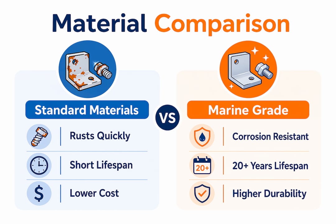 Comparison infographic of standard vs marine grade materials