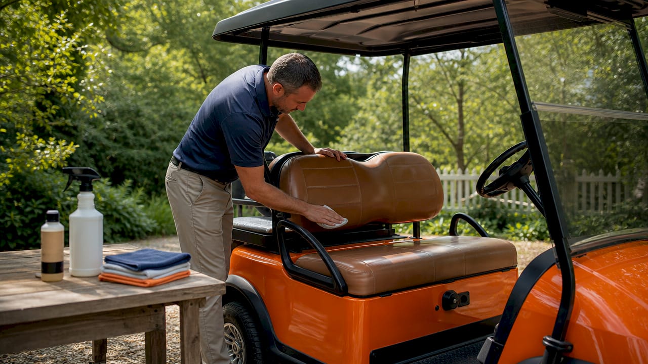 Hands applying leather cleaner on golf cart seat
