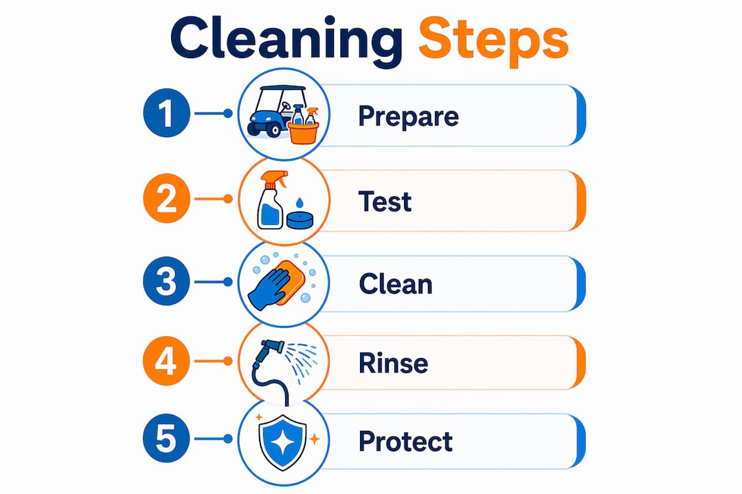 Infographic illustrating golf cart upholstery cleaning steps