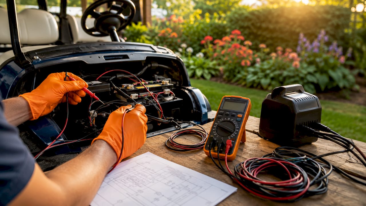Hands testing golf cart wiring with multimeter in garage