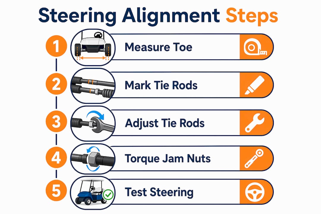 Infographic illustrating golf cart steering alignment steps