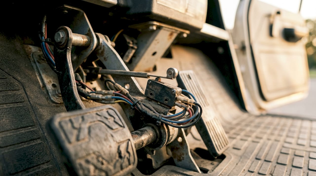 Close-up accelerator pedal micro switch in golf cart