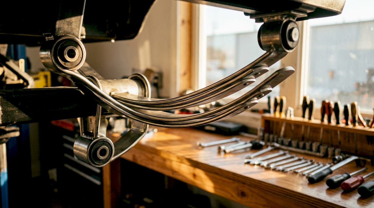 Close-up view of golf cart leaf spring components