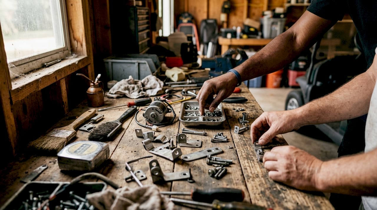 Hands sorting golf cart parts on workbench