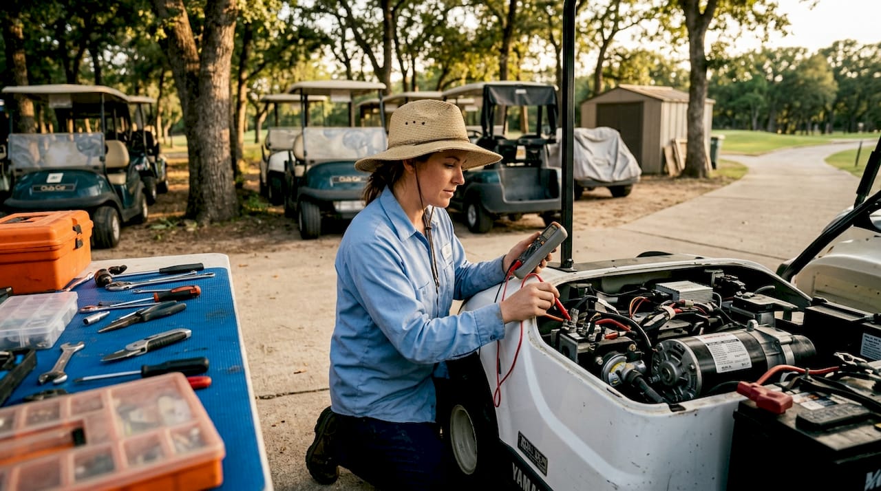 Technician testing golf cart tow run switch wiring