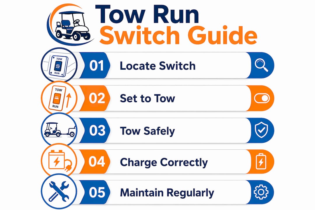 Infographic illustrating golf cart tow run switch steps