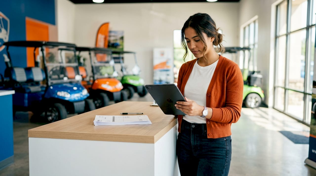 Hands typing on laptop in golf cart showroom