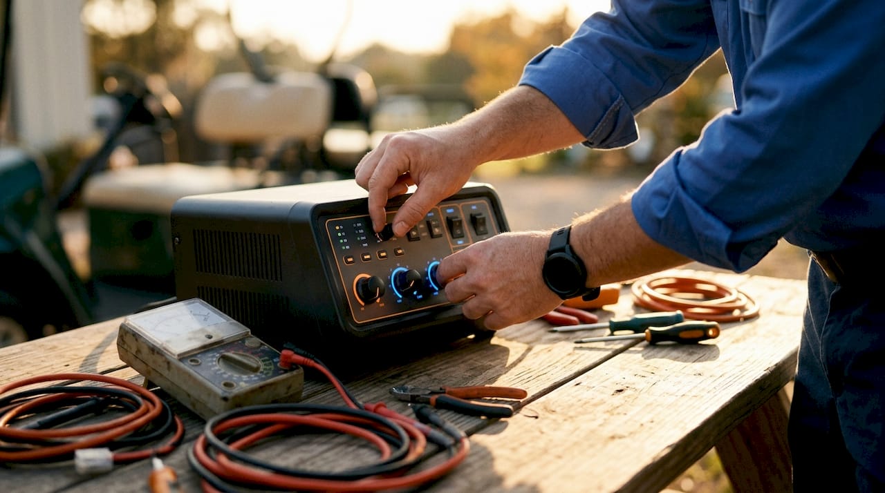 Technician adjusting battery charger controls indoors