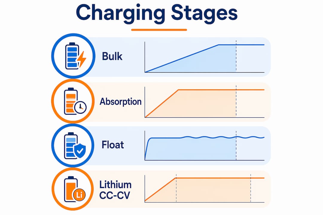 Infographic illustrating golf cart battery charging stages