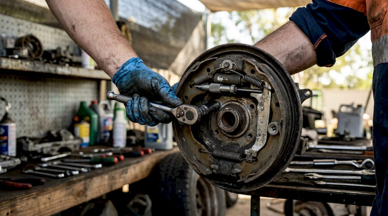 Close-up of golf cart brake assembly with wrench