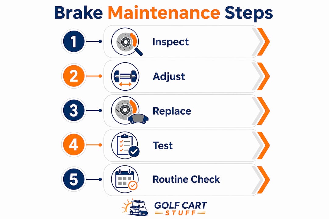 Infographic showing golf cart brake maintenance steps