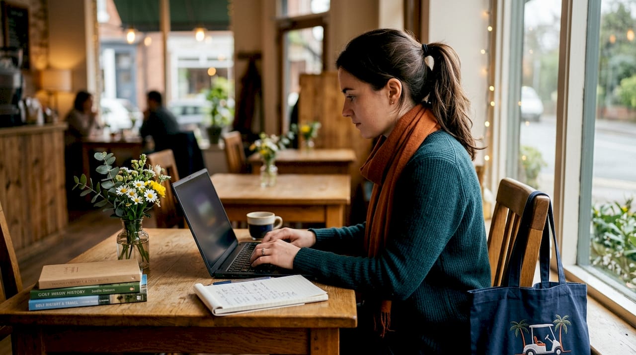 Woman typing golf cart educational content on laptop
