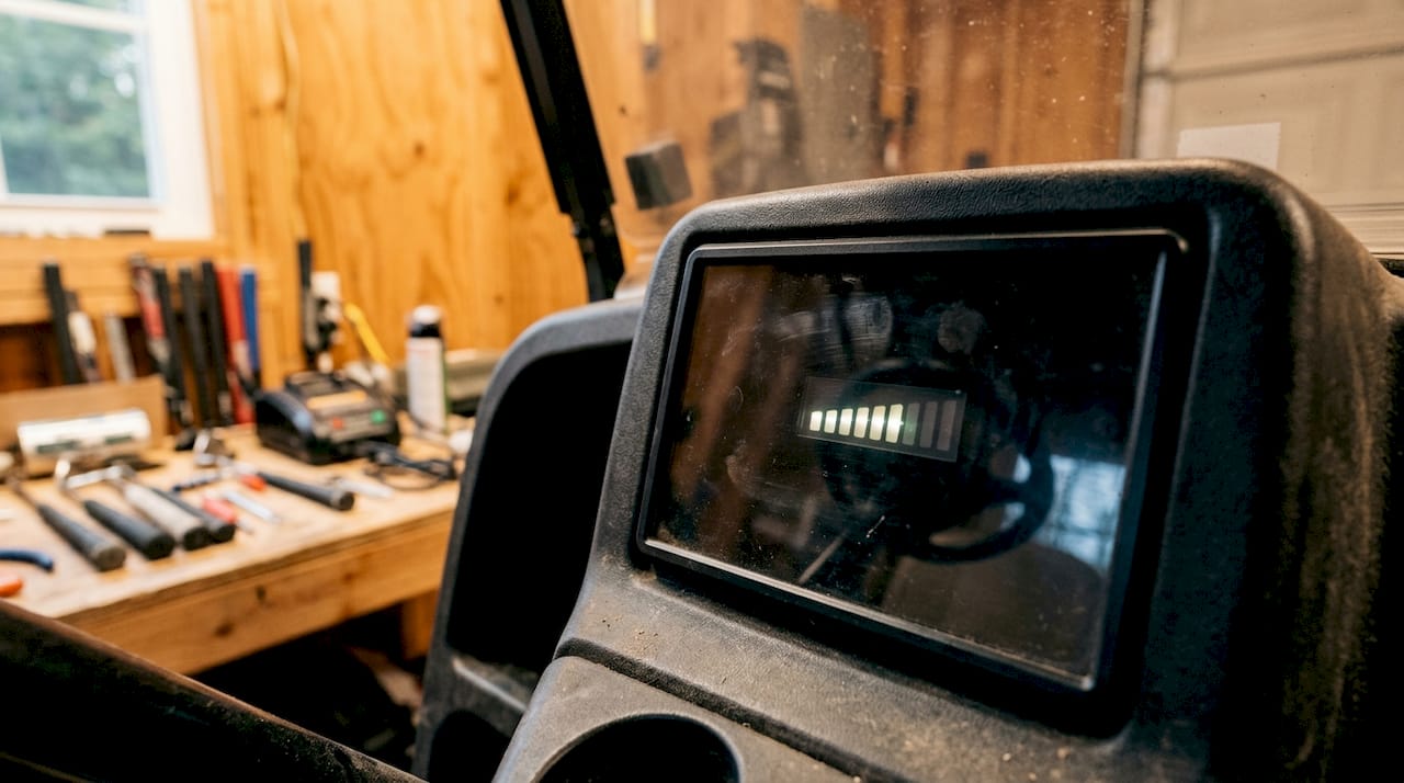 Close-up of golf cart digital battery meter display