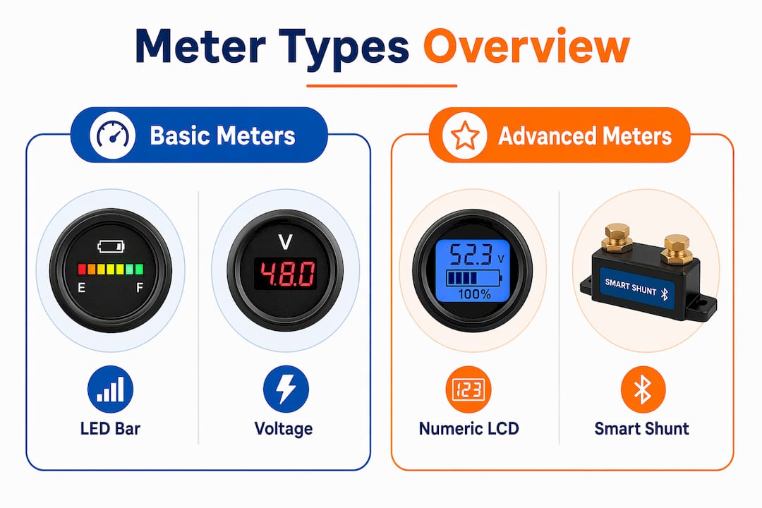 Infographic comparing basic and advanced golf cart meters