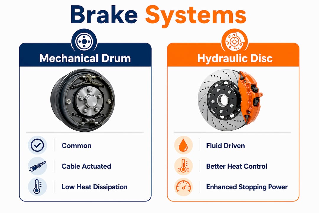 Infographic comparing mechanical drum and hydraulic disc brakes