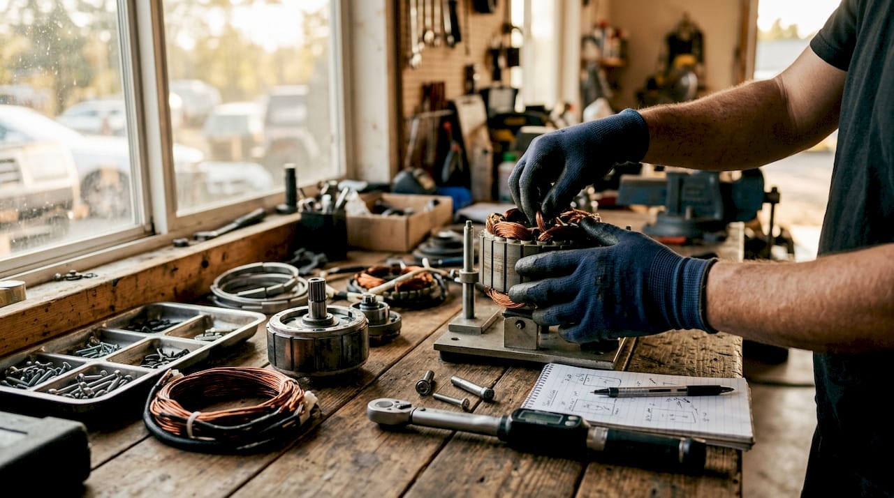 Close-up of hands assembling AC golf cart motor parts