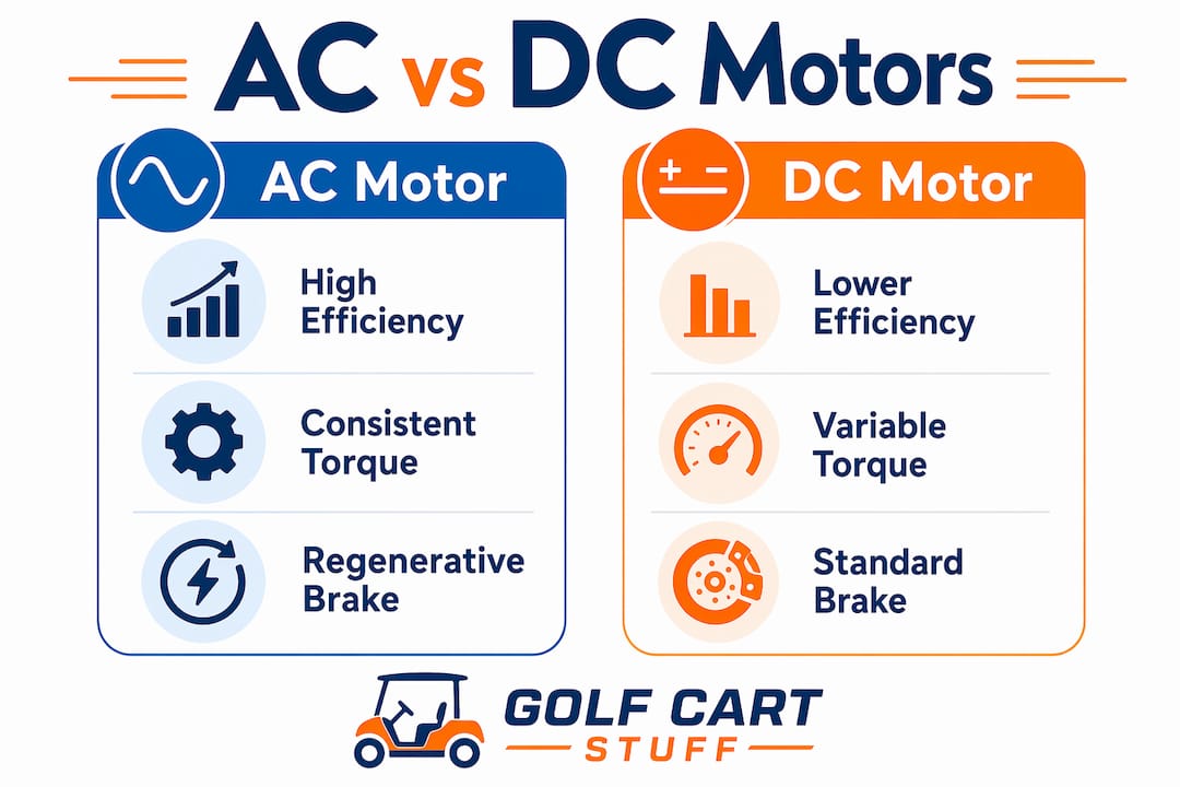 Infographic comparing AC and DC golf cart motor features