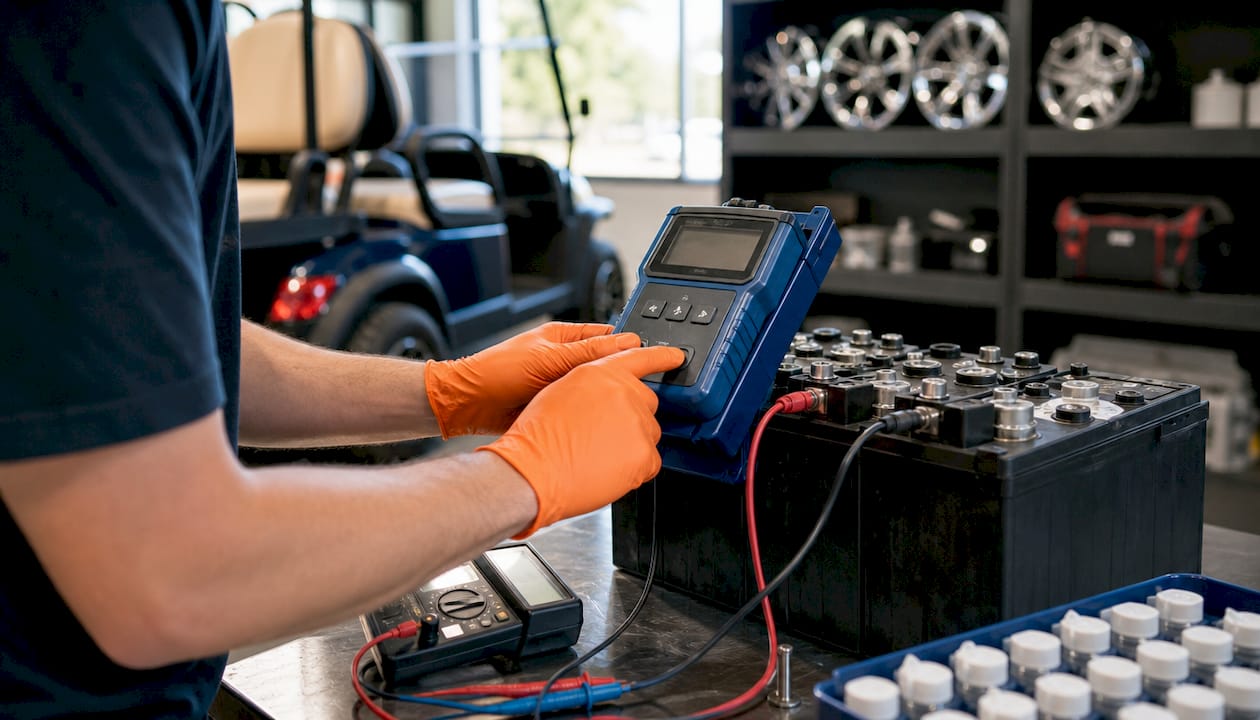 Hands testing golf cart battery on workbench
