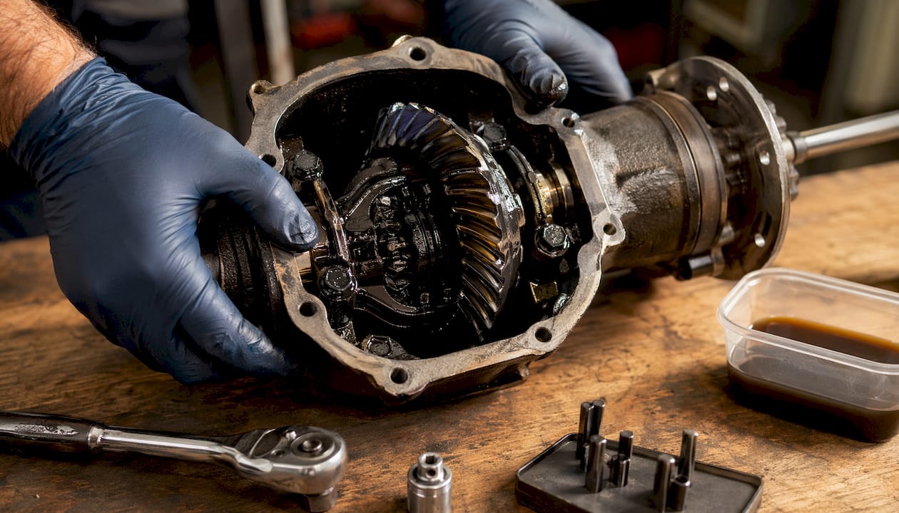 Close-up of golf cart rear differential gears and tools