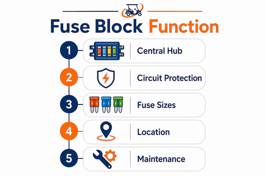 Infographic illustrating golf cart fuse block functions