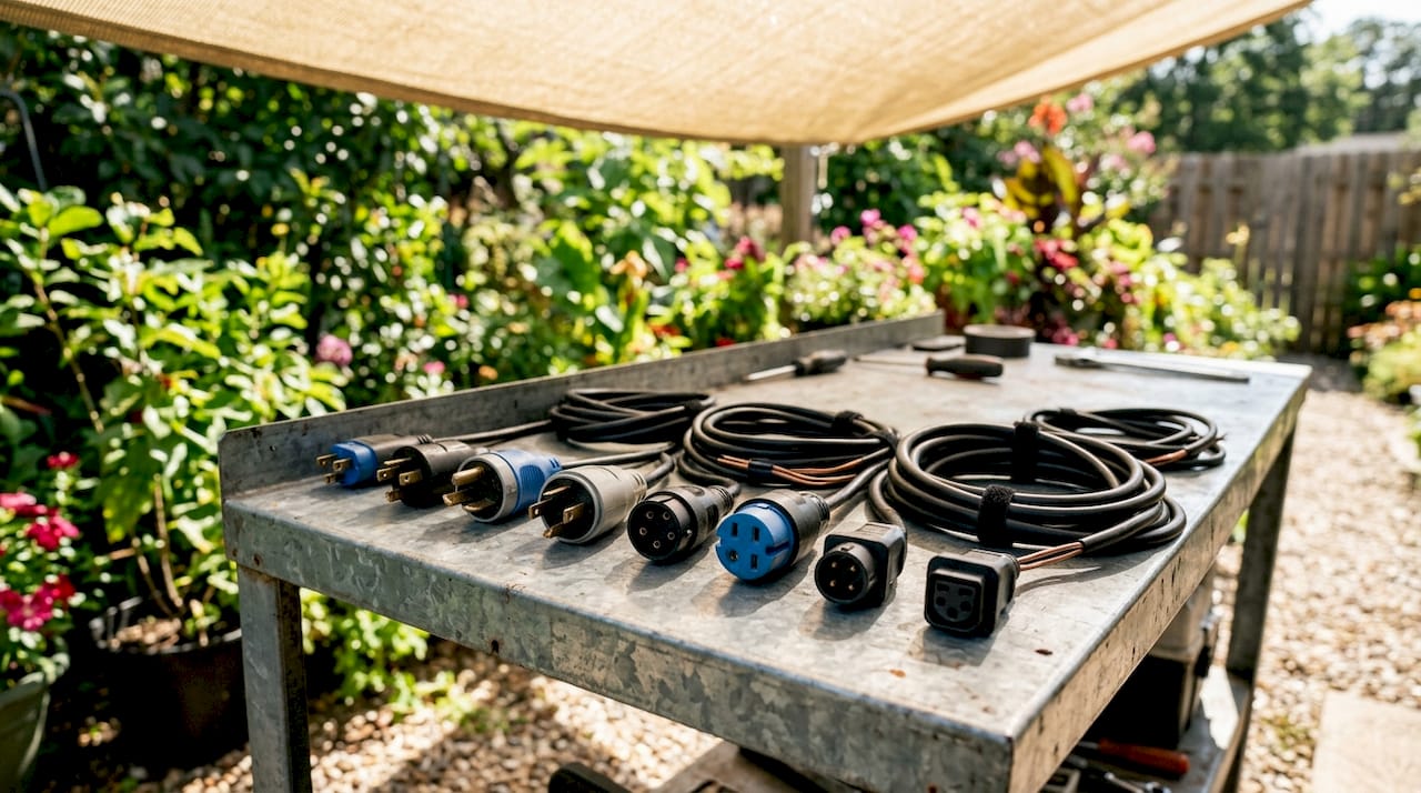 Variety of golf cart charger plugs close-up