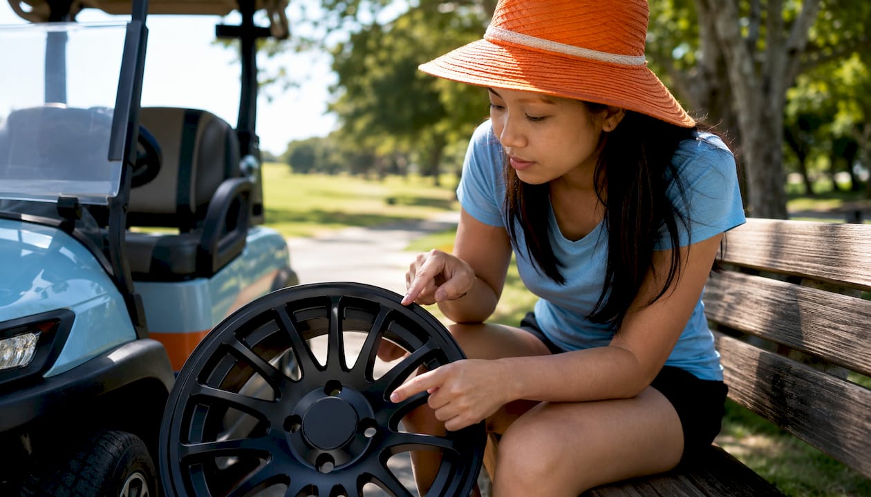 Group examining golf cart with custom wheels