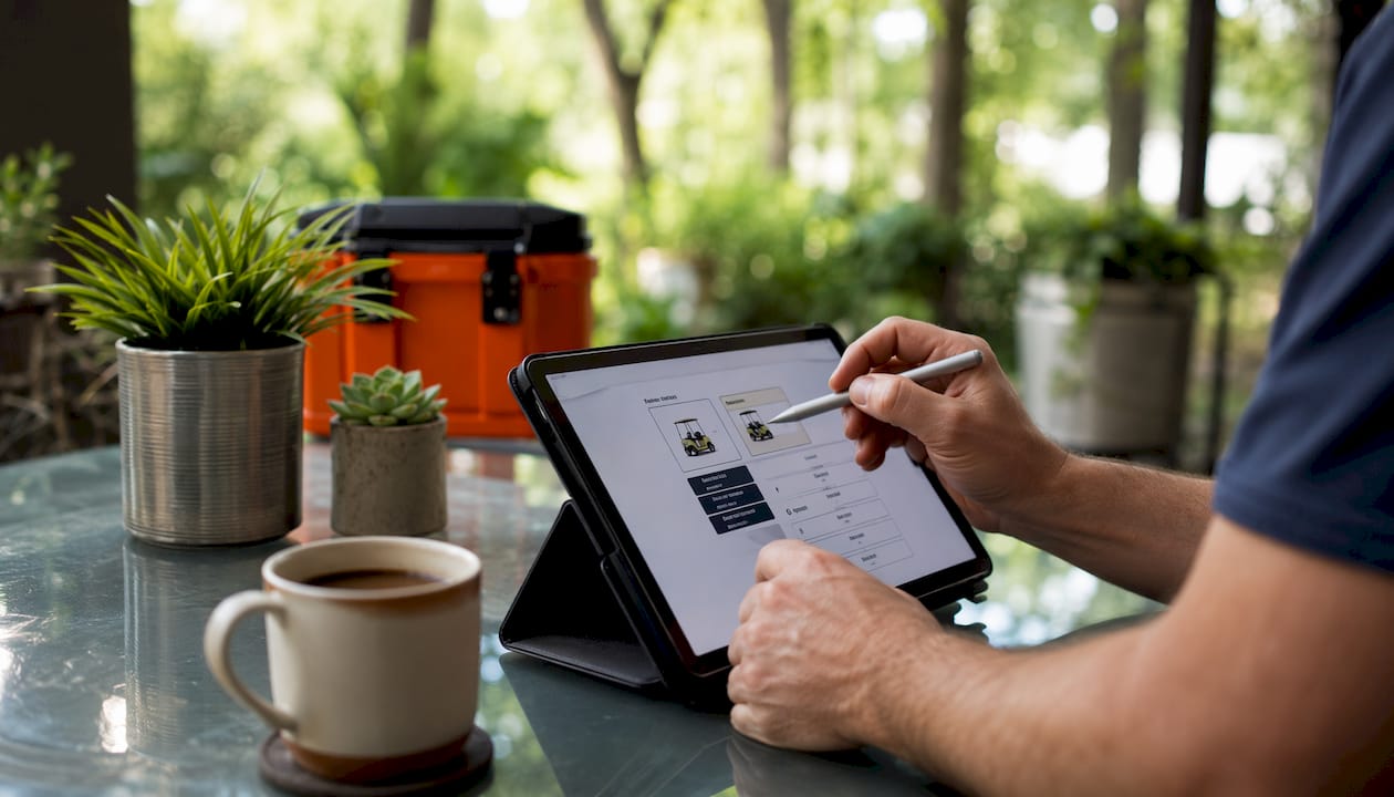 Hands adjusting golf cart pricing configurations on tablet