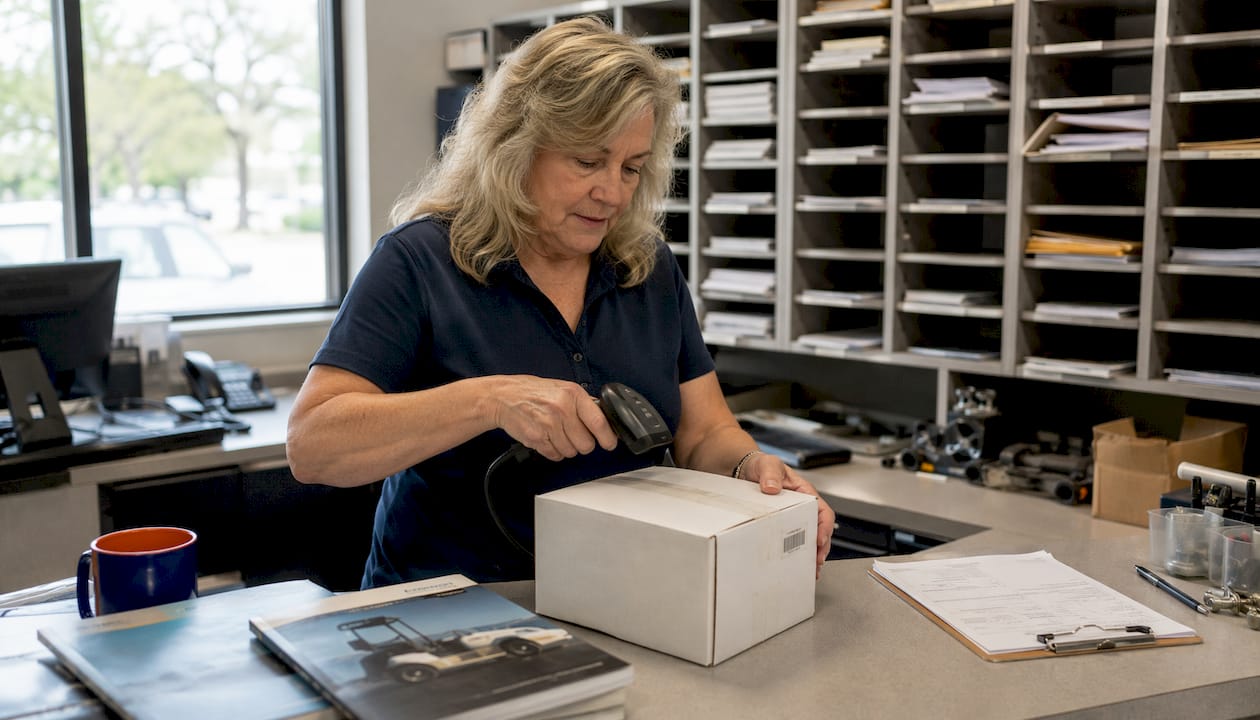 Dealer employee scanning golf cart part for return