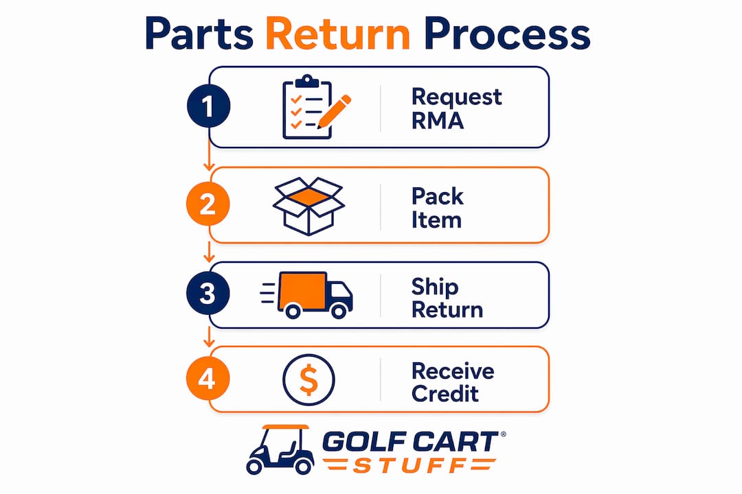 Infographic showing step-by-step golf cart parts return process